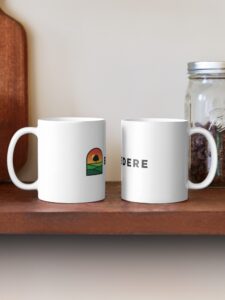 Coffee mugs with Belvedere logo on shelf